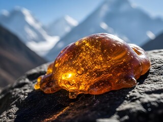 mountain landscape in, Dark brown Shilajit resin oozes from cracks in rugged Himalayan rock surface. Golden undertones glisten on the earthy mineral deposit. Majestic snowy mountains rise in backgroun