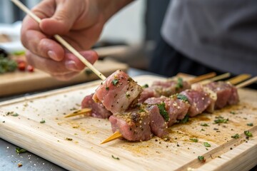 person pierce marinated meat with bamboo skewer