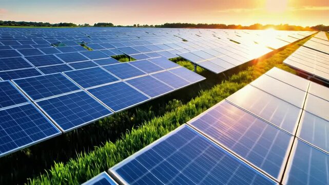 Solar panels installed in a lush green field at sunset generating renewable energy.