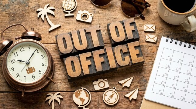 Wooden cubes spelling &lsquo;Out of Office&rsquo; beside a clock on desk, vacation absence concept, relaxed mood