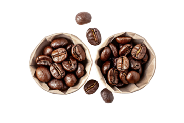Aromatic Bean Duo: A top-down view of two small paper sacks overflowing with rich, roasted coffee beans. showcasing the natural texture and aroma of these essential beans.