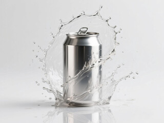 Aluminum Beverage Can Splashing in Water Isolated on White Background