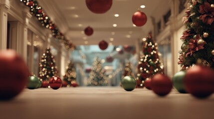 A festive corridor adorned with Christmas trees and colorful ornaments, creating a warm, magical holiday atmosphere.