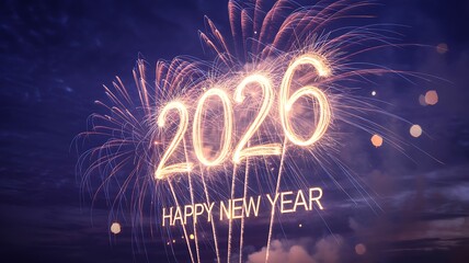 Fireworks spelling 2026 and Happy New Year against a dark sky background celebration 1