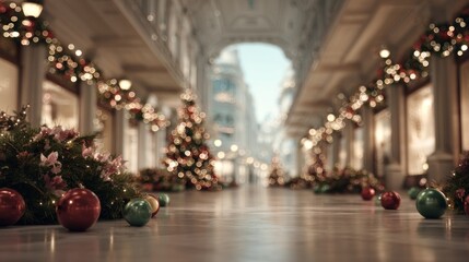 A beautifully decorated festive corridor with Christmas trees, ornaments, and twinkling lights, creating a magical holiday atmosphere.