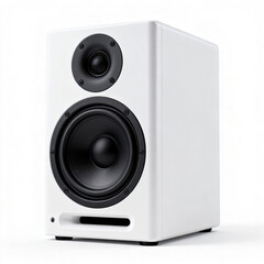 Obraz premium A white active studio monitor speaker, ideal for music production and high-fidelity audio playback. Features dual drivers for balanced sound, suitable for home or professional studio setups.