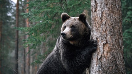 Majestic Brown Bear Climbing Tree in Serene Forest Setting