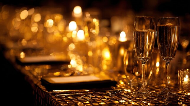 Festive dining table with golden spumante and candlelight in luxurious atmosphere. menu design, packaging mockups, designed for food delivery and cloud-kitchen brand materials.