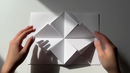 Hands folding origami paper creating shadow patterns