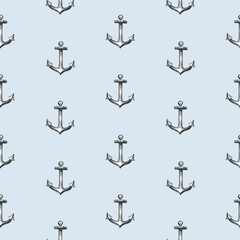 Fototapeta premium Seamless pattern with ship anchors. Hand-drawn watercolor illustrations. On a blue background. For textiles, wrapping paper, packaging, backgrounds, and more.