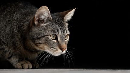 Focused Domestic Cat in Low Light Against Black Background