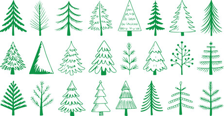 Fototapeta premium Green Line Art Christmas Tree Doodle Vector Collection