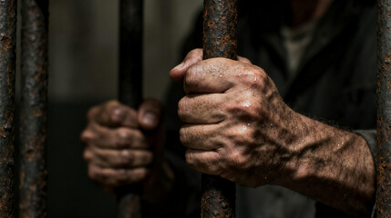 A male middle aged prisoner grips rusty jail bars in a dark cell, symbolizing detention and justice. Depicts confinement, crime, and punishment themes.
