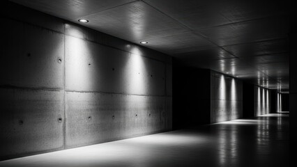 Dim concrete hallway with wall lights and bright reflections under industrial lighting