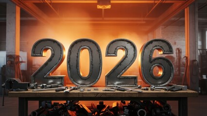 Industrial workshop scene featuring large metallic numbers 2026 on a workbench under orange light