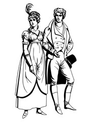 Black line art illustration of a man and woman in Regency-era historical fashion. Features a high-waisted empire dress and a gentleman's tailcoat with a top hat.