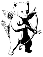 Black line art illustration of a cute bear cub as Cupid with wings, holding a bow and heart-tipped arrow. Represents love, romance, Valentine's Day © Suriya