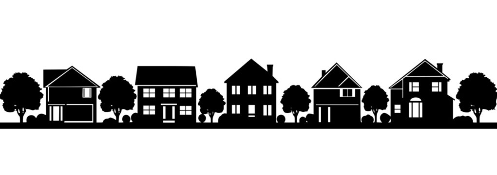 Vector silhouette of a suburban neighborhood street with residential houses and trees background.