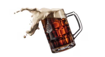 Beer mug with foam splash glass drink isolated on a transparent background