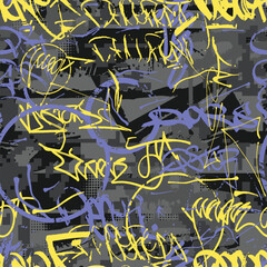 Graffiti seamless pattern with street art wall tags. Abstract typography graphic background. Urban design for t-shirts and clothes textiles. Grunge dirty hand drawn texture. Vector
