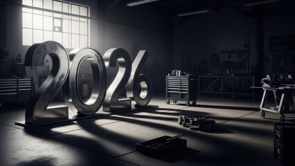 Dark gym interior with large 2026 numbers and weights in a dimly lit space