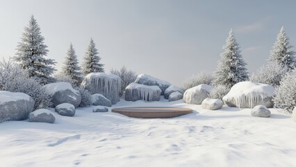 Snow Covered Boat Resting in Winter Landscape with Frosty Trees and Rocks