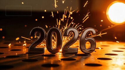 Shiny 2026 numerals on a reflective surface with bright sparks and warm glow