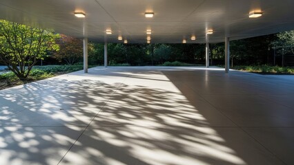 Sunny sheltered walkway pavilion with concrete floor and tree shadow patterns