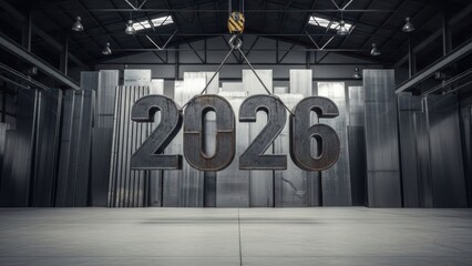 Industrial 2026 digits suspended in a factory hall with overhead crane
