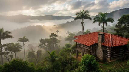 Misty hillside cabin in tropical jungle with palm trees at sunrise above misty valley