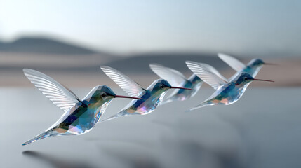 Obraz premium Crystal hummingbird sculpture group flying in formation, transparent glass effect, soft background, modern art, serene atmosphere