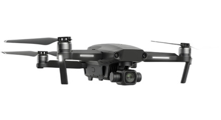 Sleek dark gray folding camera drone with gimbal against a pure for technology on transparent background