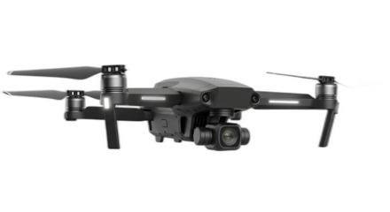 Sleek dark gray folding camera drone with gimbal against a pure for technology on transparent background