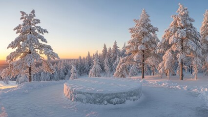 Snowy Forest Beneath Sunset Sky With Snow Covered Trees And Round Stone Seating