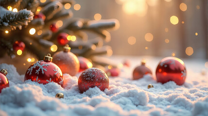 Festive red baubles nestled in soft snow with a blurred Christmas tree and bokeh lights creating a magical winter holiday scene