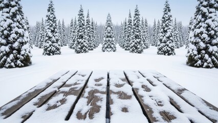 Snow Covered Wooden Pathway Through a Pine Forest in Winter Landscape View