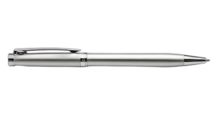 Elegant brushed silver ballpoint pen with chrome accents against a stark on transparent background