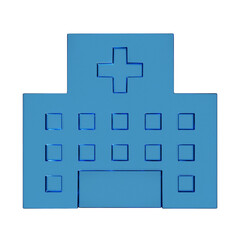 Obraz premium 病院のフラットなアイコンの3Dイラスト。透明感のある青いグラスモーフィズムなマーク2。ビジネスやUIに適した透明感のあるアイコン