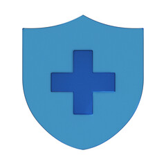盾に十字架が付いたフラットなアイコンの3Dイラスト。透明感のある青いグラスモーフィズムなマーク2。ビジネスやUIに適した透明感のあるアイコン