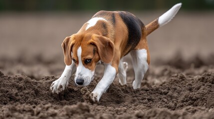 Beagle Dog Digging in Brown Soil on a Sunny Day Outdoors