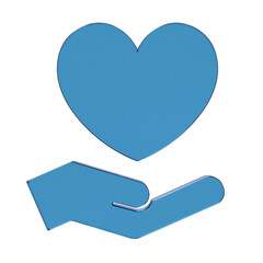 手でハートを支えるフラットなアイコンの3Dイラスト。透明感のある青いグラスモーフィズムなマーク2。ビジネスやUIに適した透明感のあるアイコン