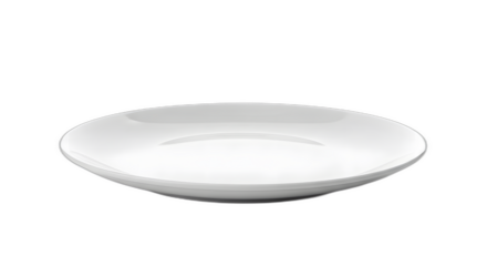 Sleek white ceramic dinner plate rendered in 3d on a stark for presentation on transparent background