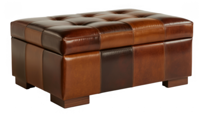 Brown leather ottoman with tufted and wooden legs isolated on a transparent background