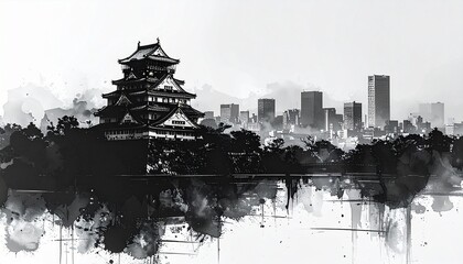 Obraz premium 大阪城と大阪市街を描いた白黒墨絵風景
