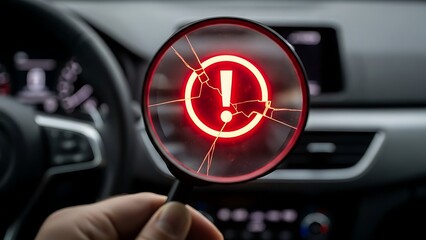 Magnifying glass over glowing red warning light in car dashboard