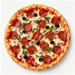 Delicious round pizza with pepperoni, mushrooms, black olives, and melted cheese on a golden crust. Topped with fresh parsley, ready to be enjoyed as a savory meal or appetizer.