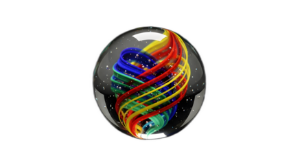 Vibrant multicolored glass paperweight marble with swirling ribbons on transparent background