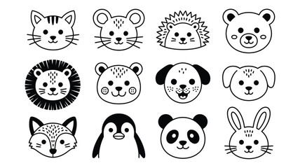A collection of simple black and white outline drawings showcasing various cute animal faces for children