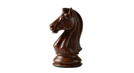 Luxurious dark wood chess knight piece on a dramatic showcasing craftsmanship on transparent background