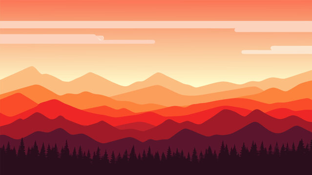 A vibrant, stylized landscape featuring layered mountain ranges under a gradient sky, with a dark forest silhouette in the foreground.